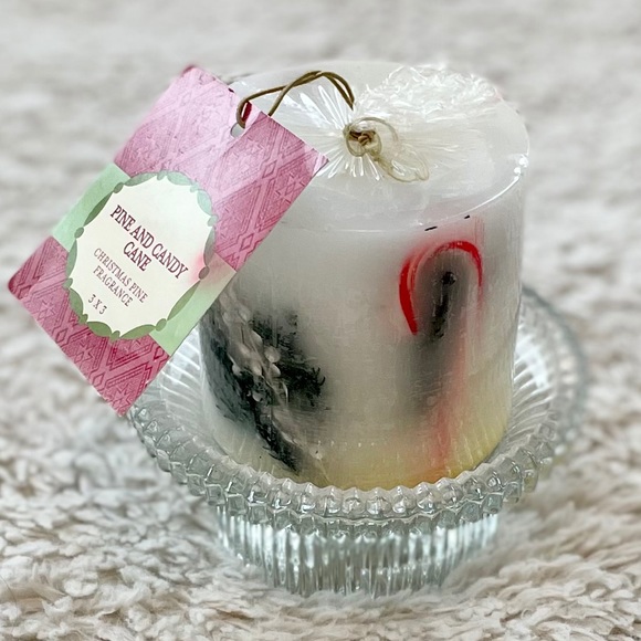 Pine & Candy Cane Candle w/ Glass Candle Holder